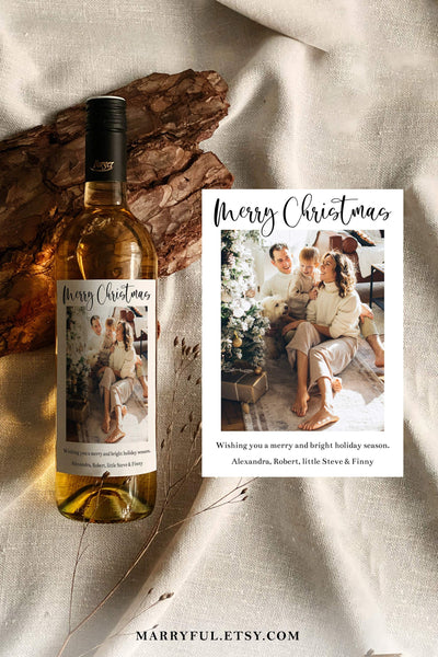 Christmas Cards Wine Label Template with Photo, Holiday Card 2022 for xmas funny wine gift