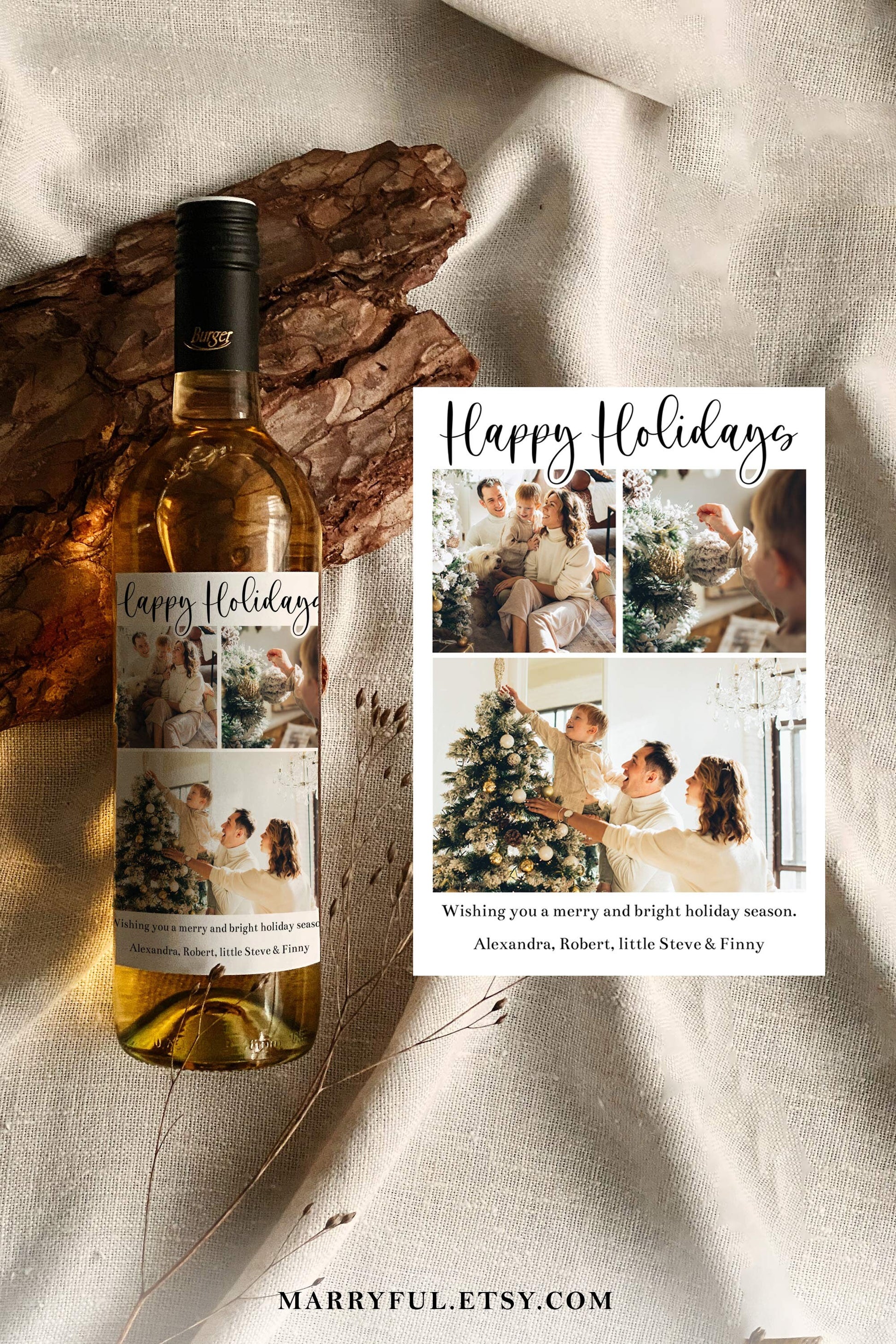 Christmas Cards Wine Label with Photo XMAS Gift for Wine Lovers, Holiday Wine Label Template for 2022 Holiday Greetings