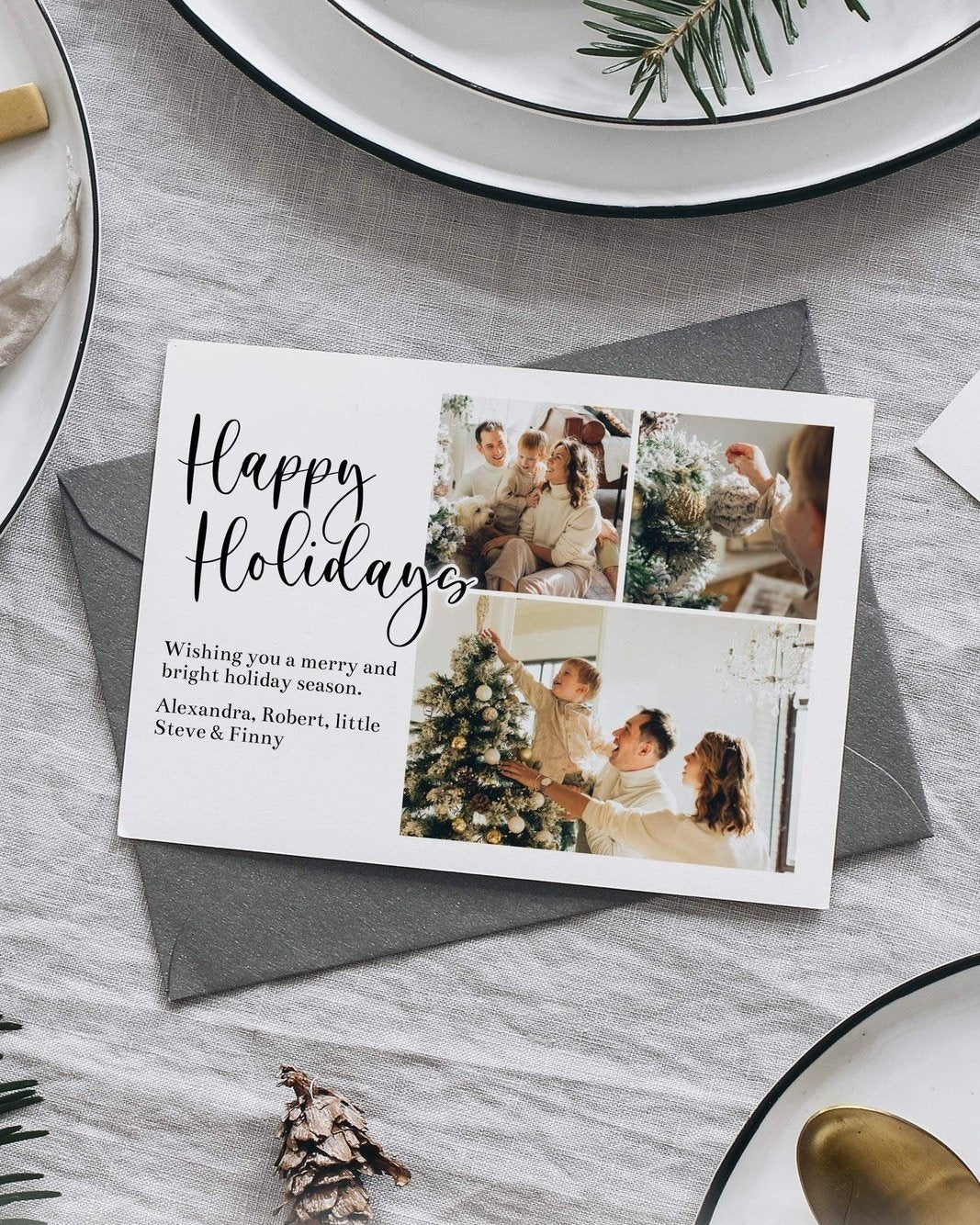 Horizontal Christmas Card Template with Photos for Holiday Card 2022, Personalized Postcard Template to Download