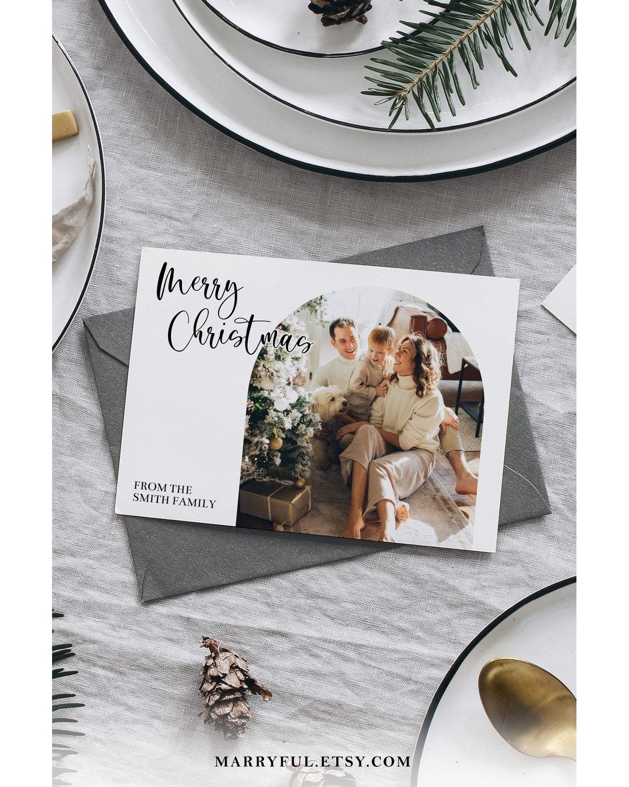 Boho Christmas Card Template with Postcard Template with Photo, Modern Holiday Greeting Card Template to Download