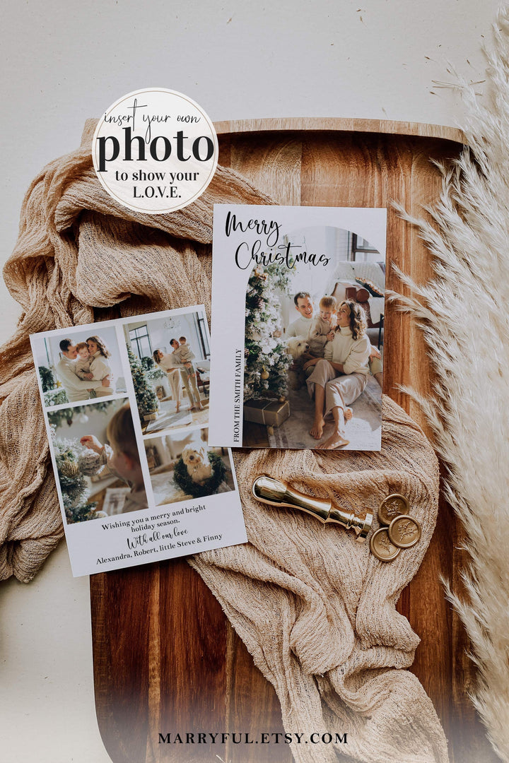 Modern Christmas Card Template with Photos for Familay Holiday Greetings Card