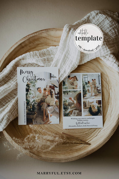 Modern Christmas Card Template with Photos for Familay Holiday Greetings Card
