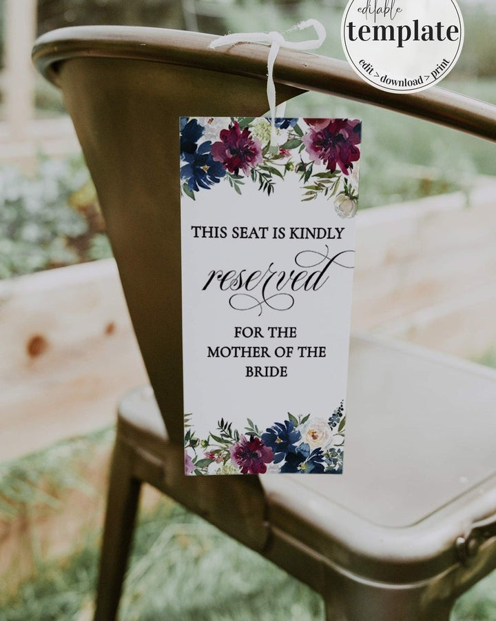 Reserved Seating Tag for Burgundy Wedding Chair, Printable Wedding Seating Sign #003