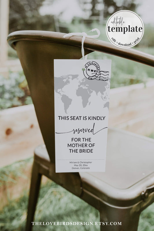 Travel Wedding Reserved Seating Tag for chair at Destination Wedding, Printable Chair Tags to download and print #072w