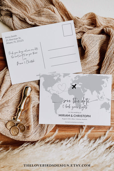Destination Wedding Save the Date Postcard for Travel Wedding, World Map Save the Dates Template 072w - marryful