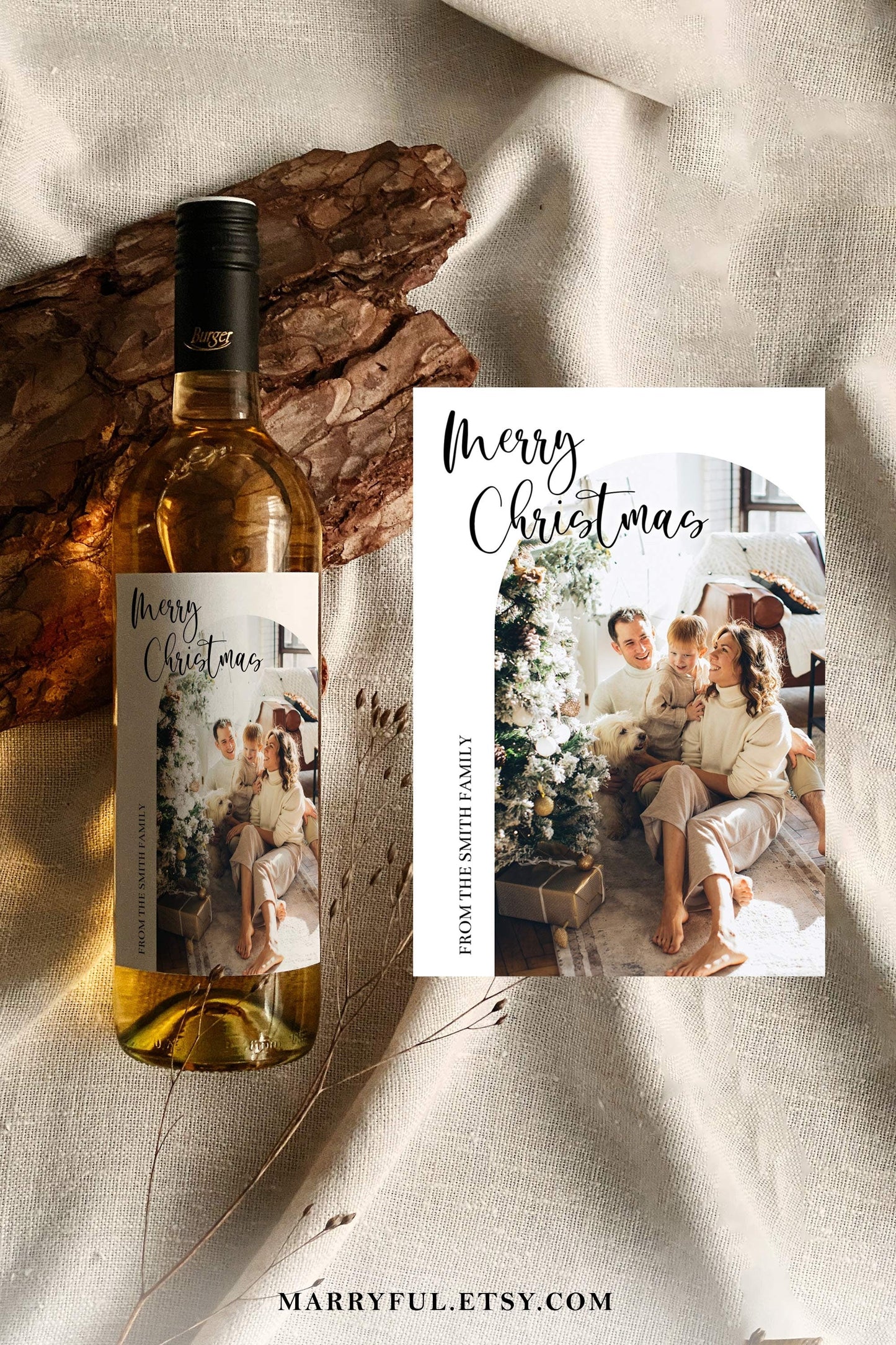 Boho Christmas Wine Bottle Label Template for Family Photo, Simple Holiday Greeting Wine Label Template to Download