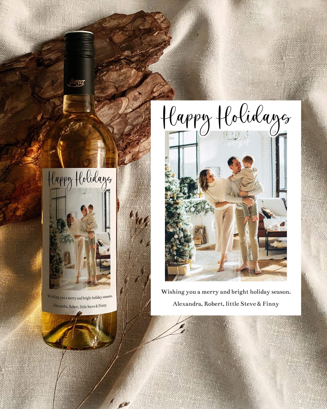 Simple Christmas Cards Wine Label with Photo, Christmas Wine Label Template for 2022 Holiday Greetings