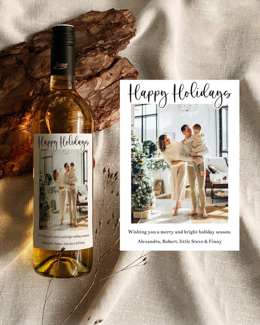 Simple Christmas Cards Wine Label with Photo, Christmas Wine Label Template for 2022 Holiday Greetings