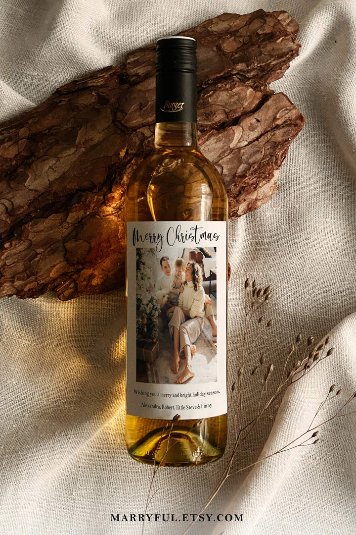 Christmas Cards Wine Label Template with Photo, Holiday Card 2022 for xmas funny wine gift