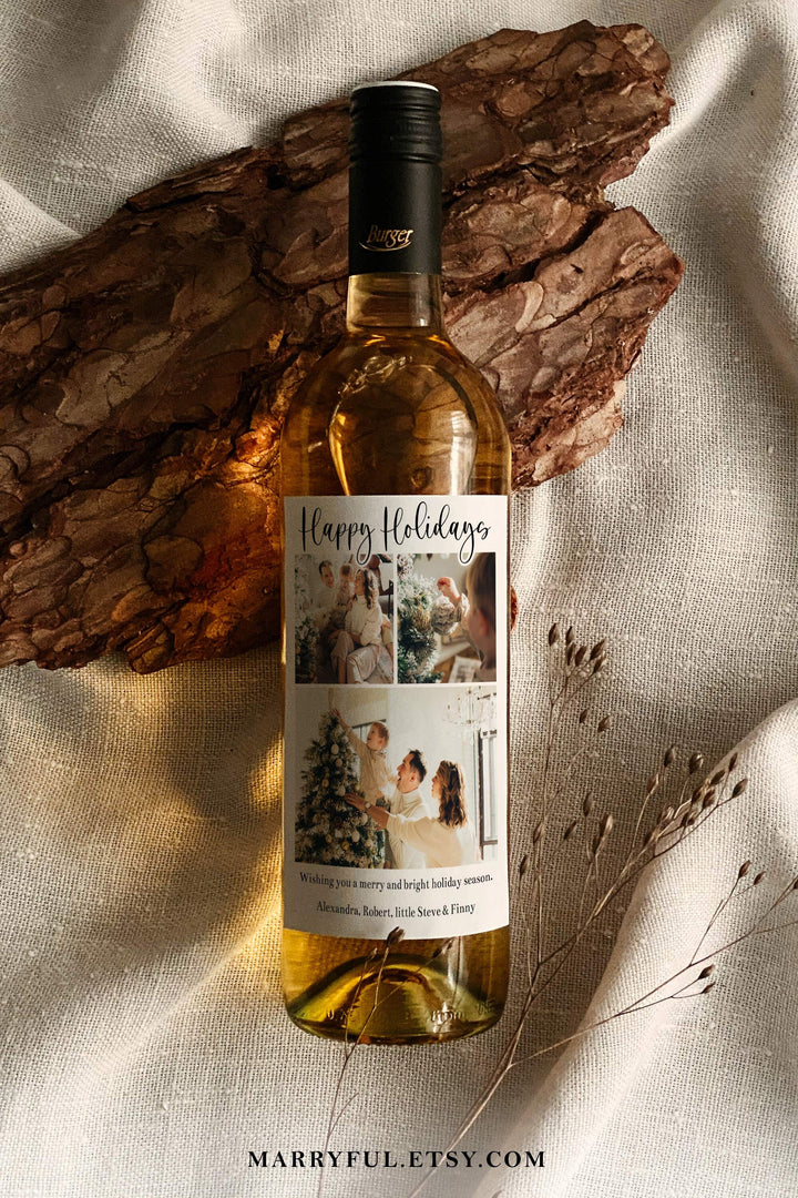 Christmas Cards Wine Label with Photo XMAS Gift for Wine Lovers, Holiday Wine Label Template for 2022 Holiday Greetings
