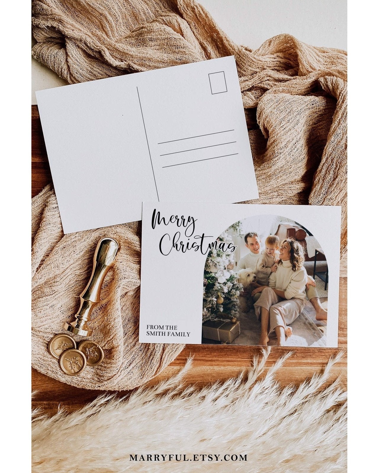 Boho Christmas Card Template with Postcard Template with Photo, Modern Holiday Greeting Card Template to Download