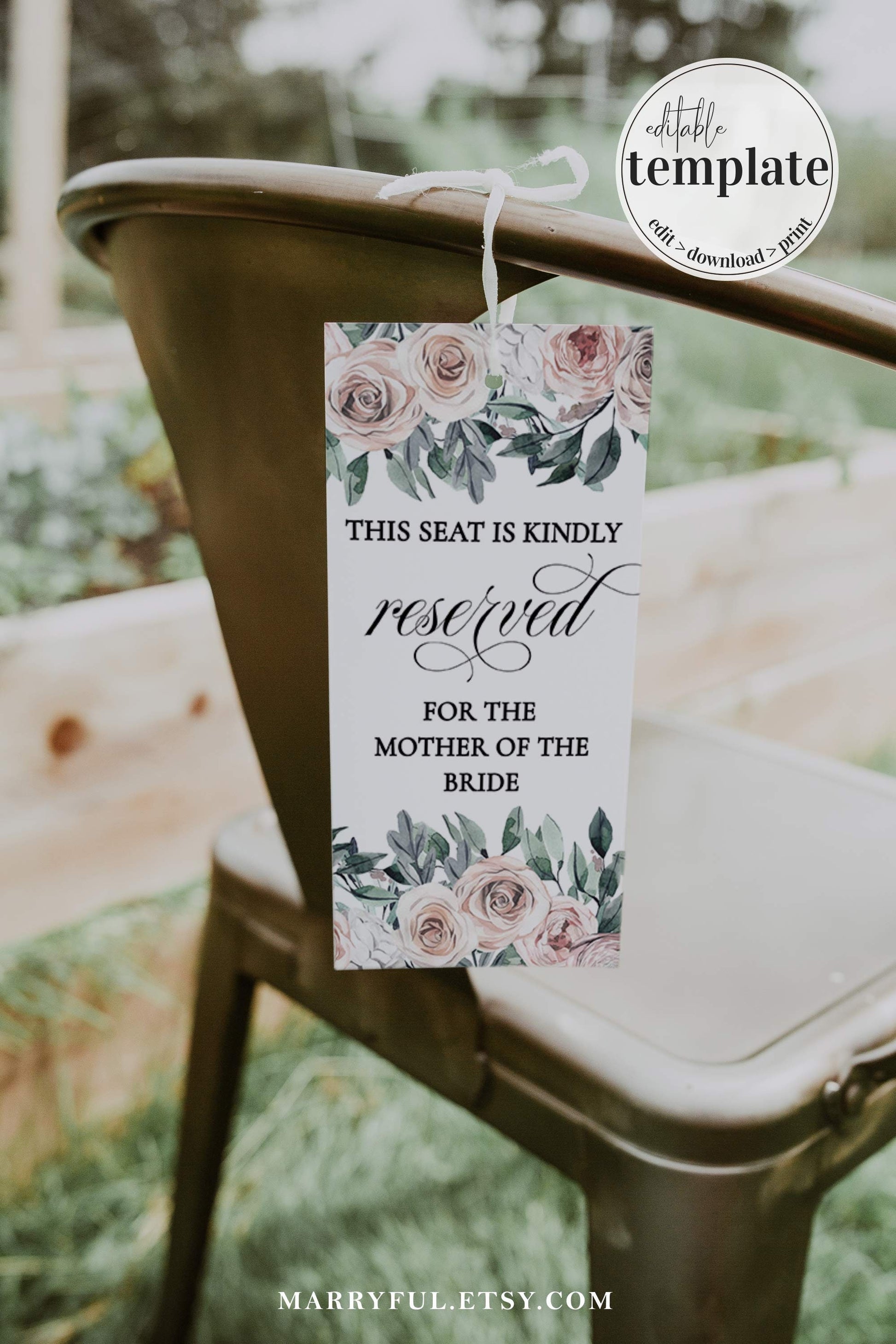 Blush Wedding Reserved Sign for Chair, Printable Seating Tag Template #005