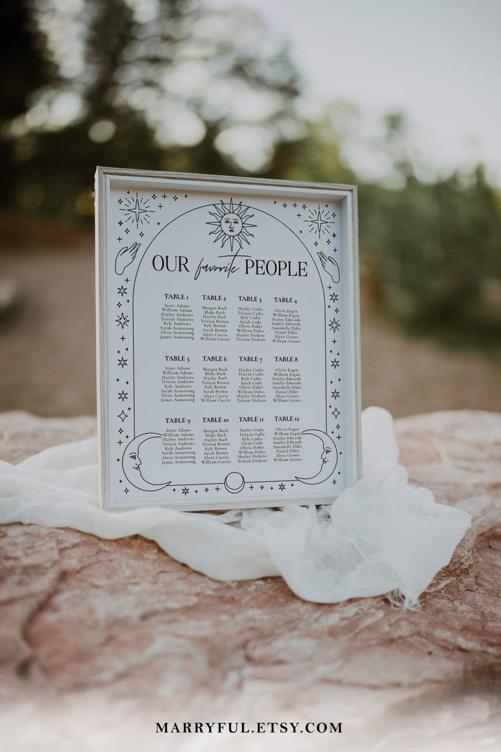 Celestial Wedding Seating Chart Template to Download for Modern Galaxy Wedding Decorations with Moon and Stars #061