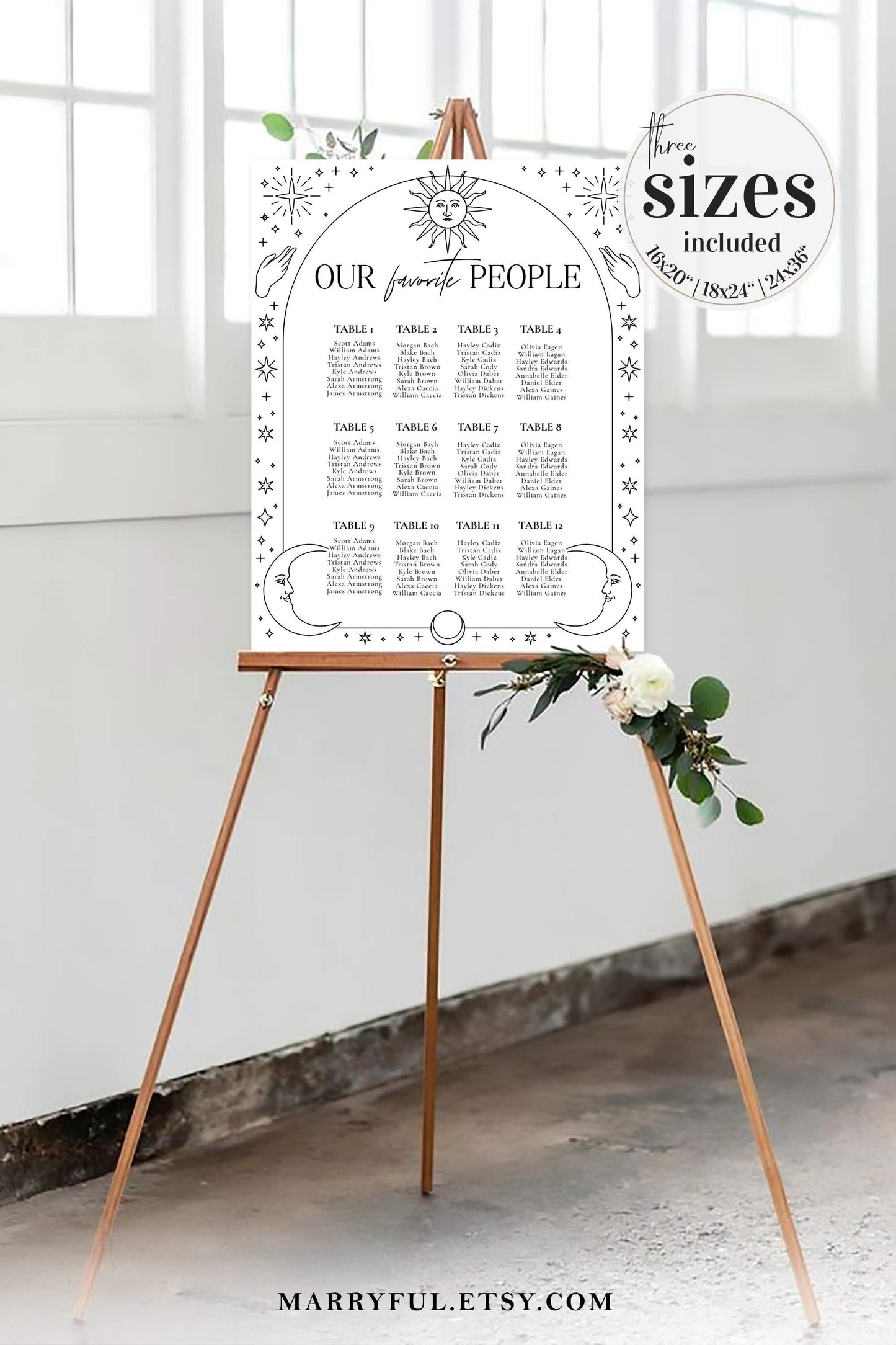 Celestial Wedding Seating Chart Template to Download for Modern Galaxy Wedding Decorations with Moon and Stars #061