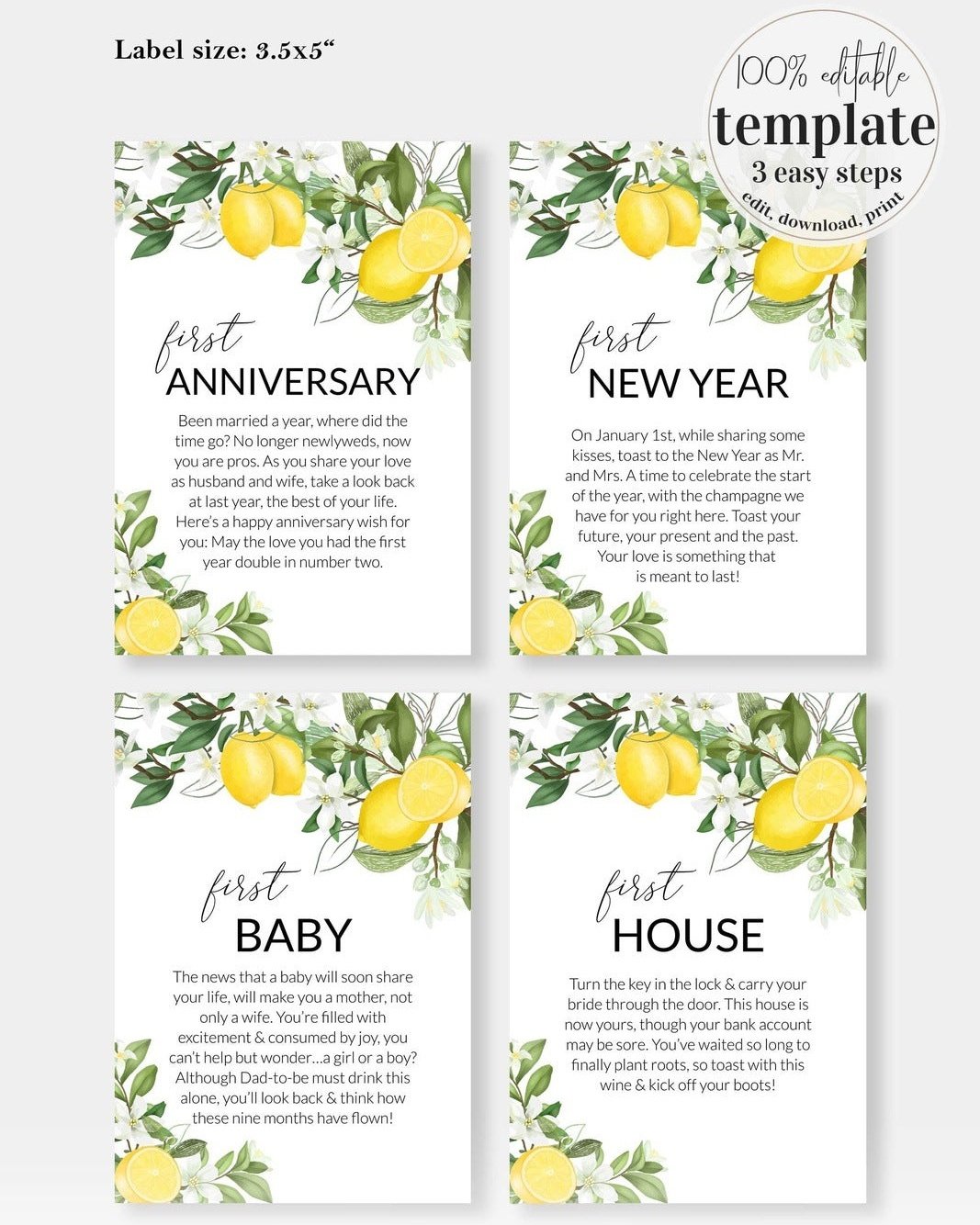 Lemon Bridal Shower Wedding Milestone Wine Labels or Tags Perfect Engagement Gift for Wine Lovers