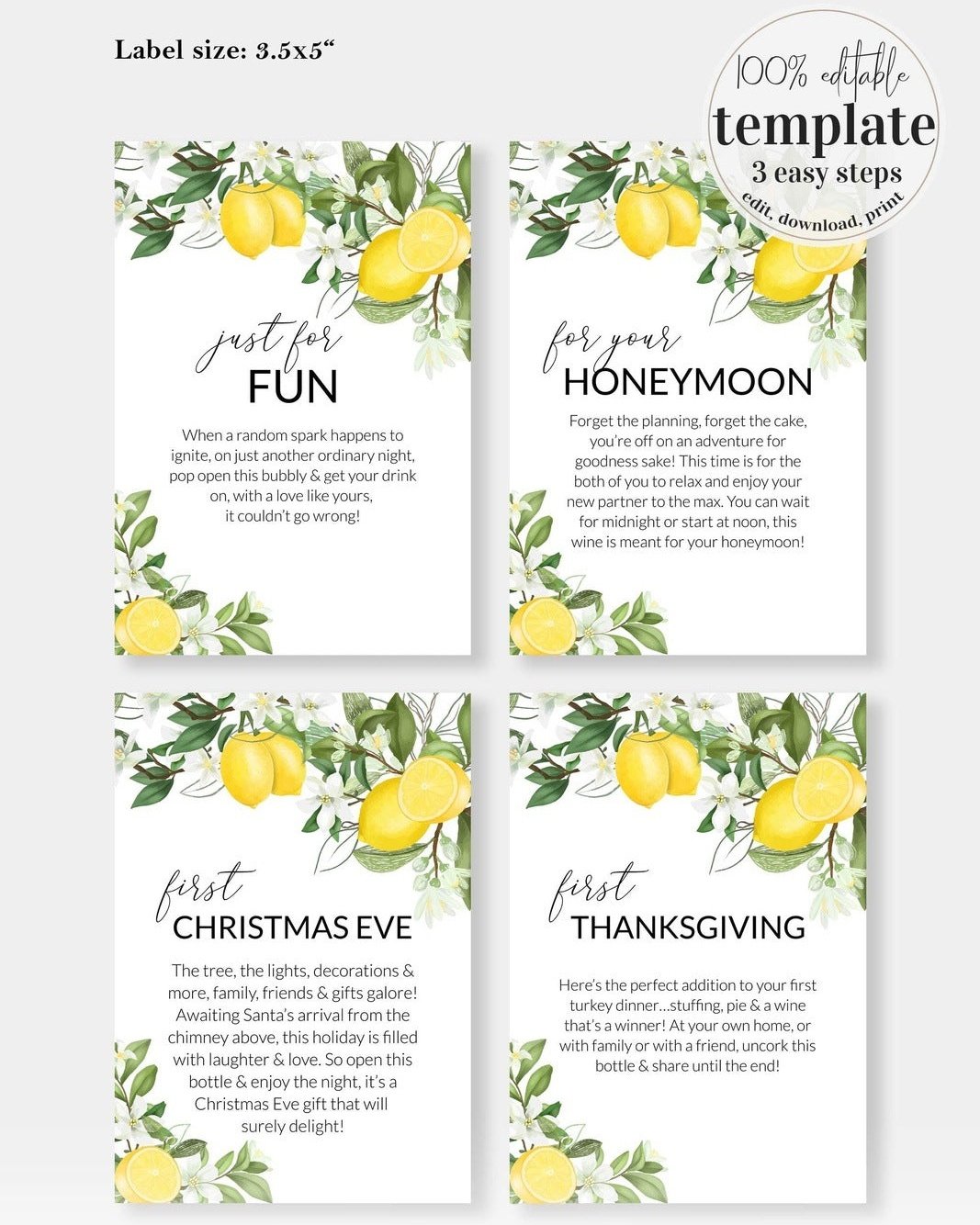 Lemon Bridal Shower Wedding Milestone Wine Labels or Tags Perfect Engagement Gift for Wine Lovers
