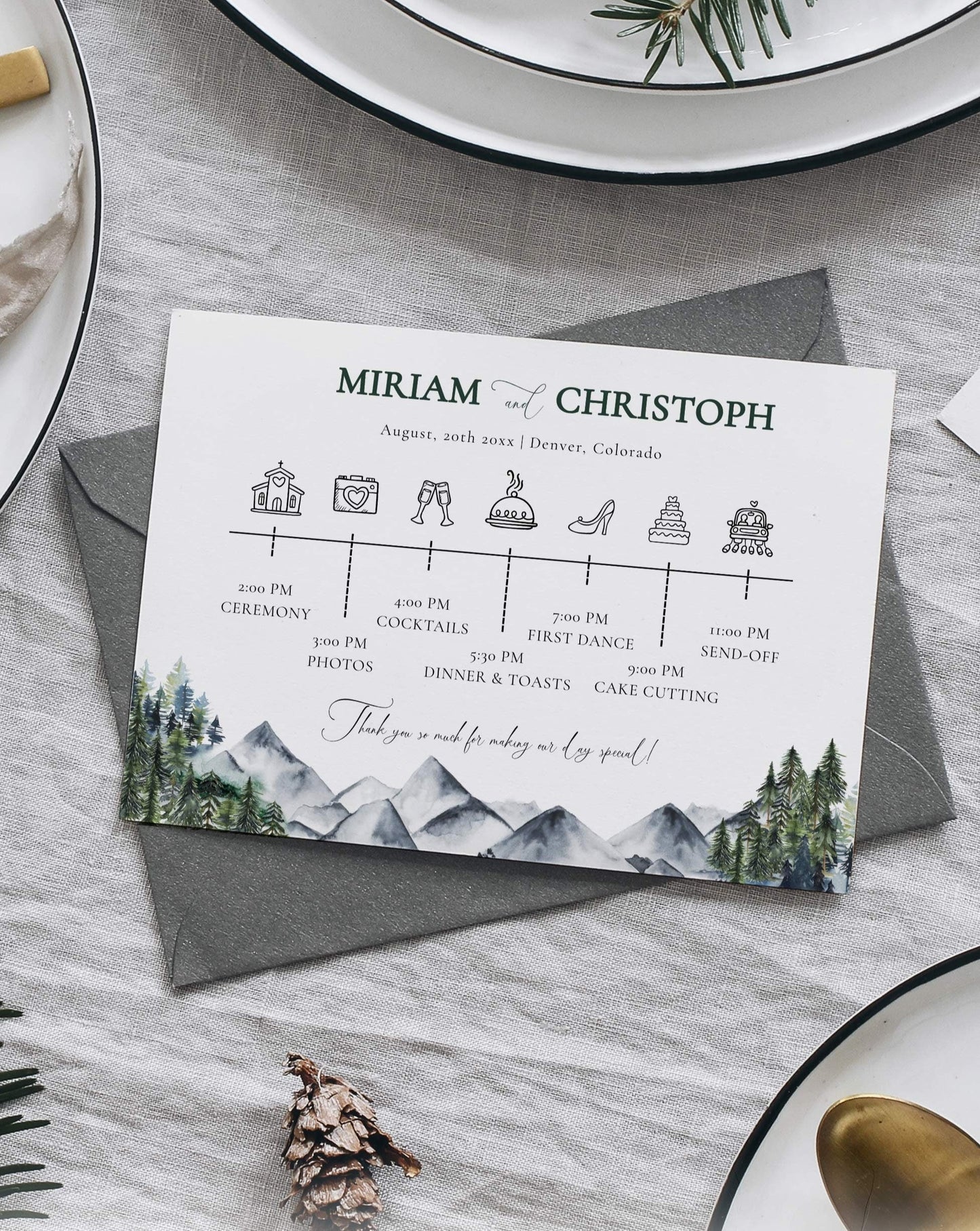 Mountain Wedding Timeline Template to Download, Wedding Day Schedule for Rustic Celebration in Forest with pine trees #010