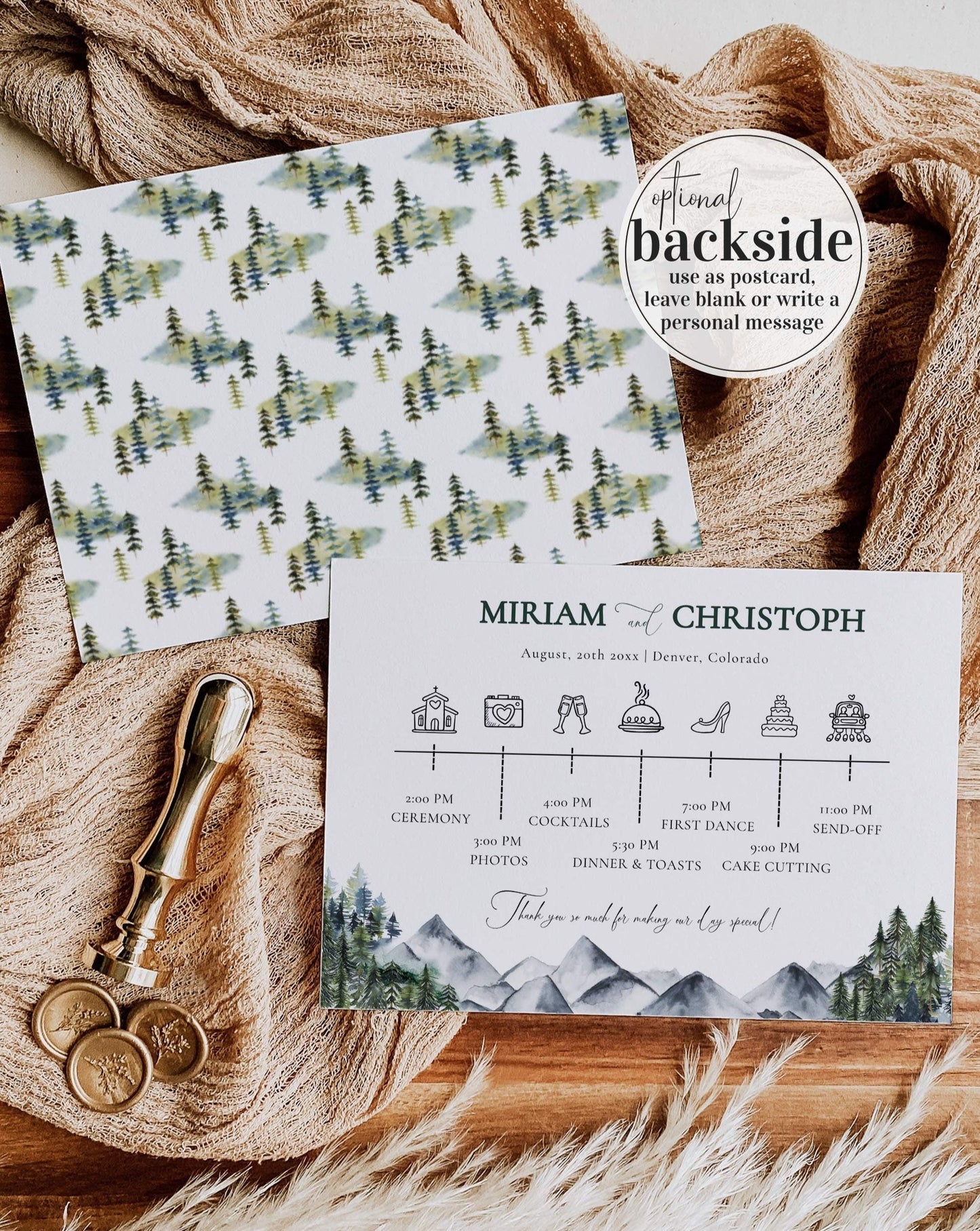 Mountain Wedding Timeline Template to Download, Wedding Day Schedule for Rustic Celebration in Forest with pine trees #010