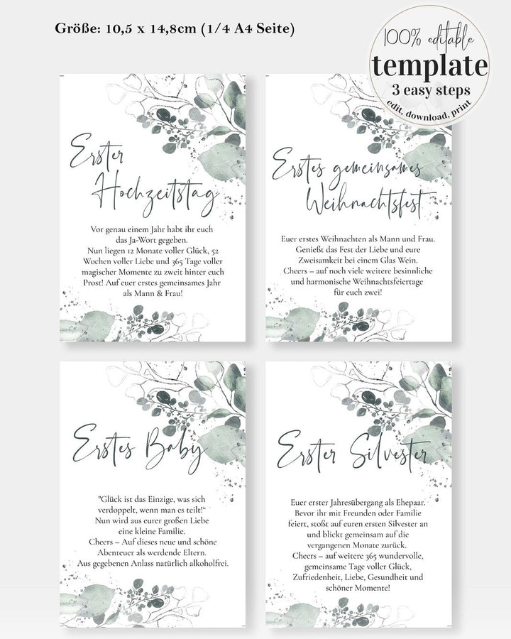 GERMAN Marriage Milestone Wine Tags, Year of Firsts Wine Bottle Tags