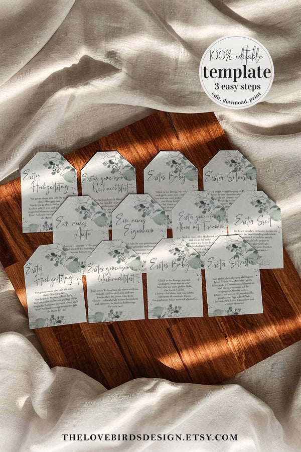 GERMAN Marriage Milestone Wine Tags, Year of Firsts Wine Bottle Tags