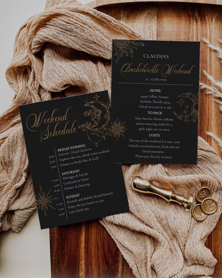 Witchy Bachelorette Weekend Itinerary for Starry Bridal Shower, Galaxy Bridal Shower Invitation and Schedule #062