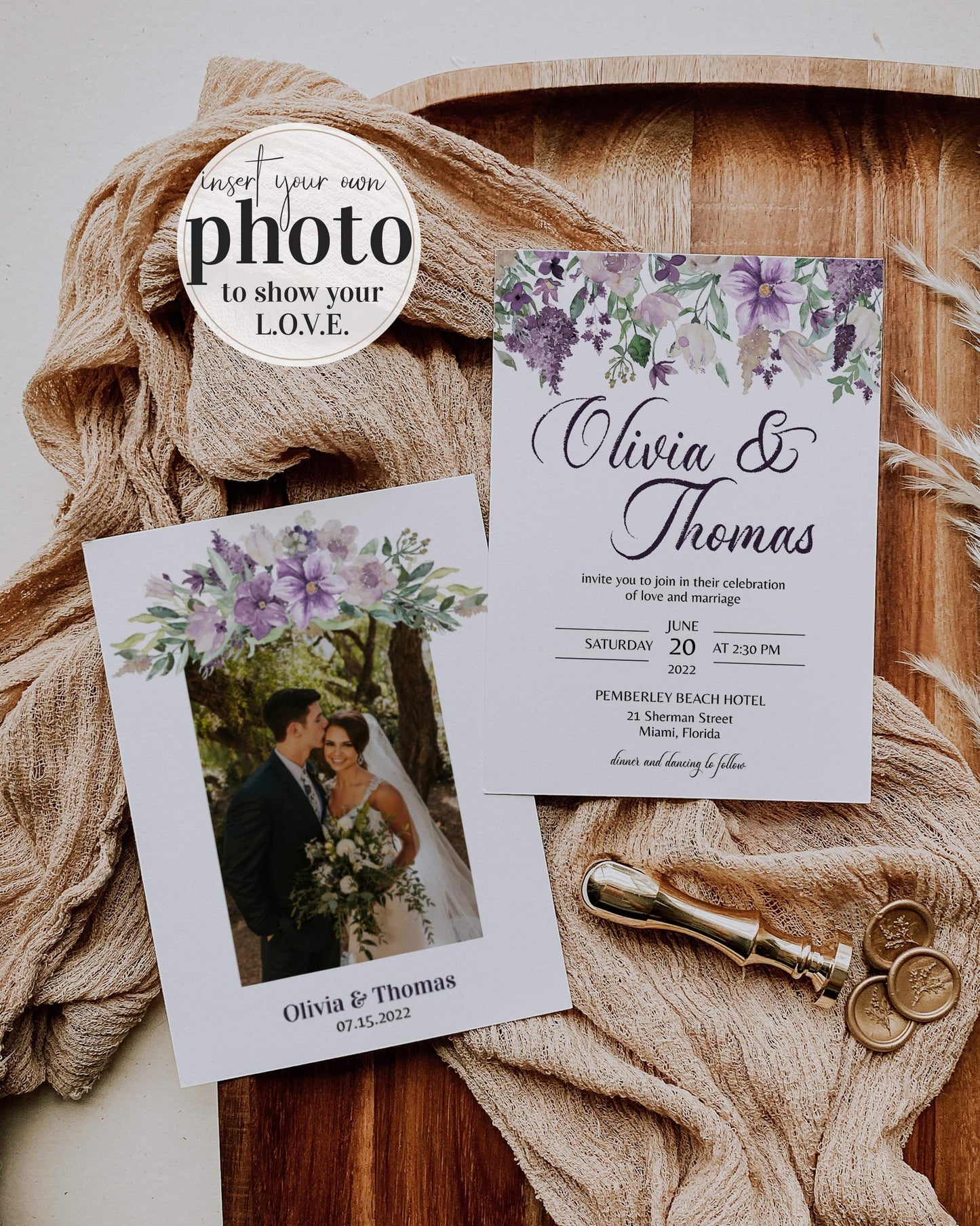 Lavender Wedding Invitation Suite with Florals and Greenery #071a