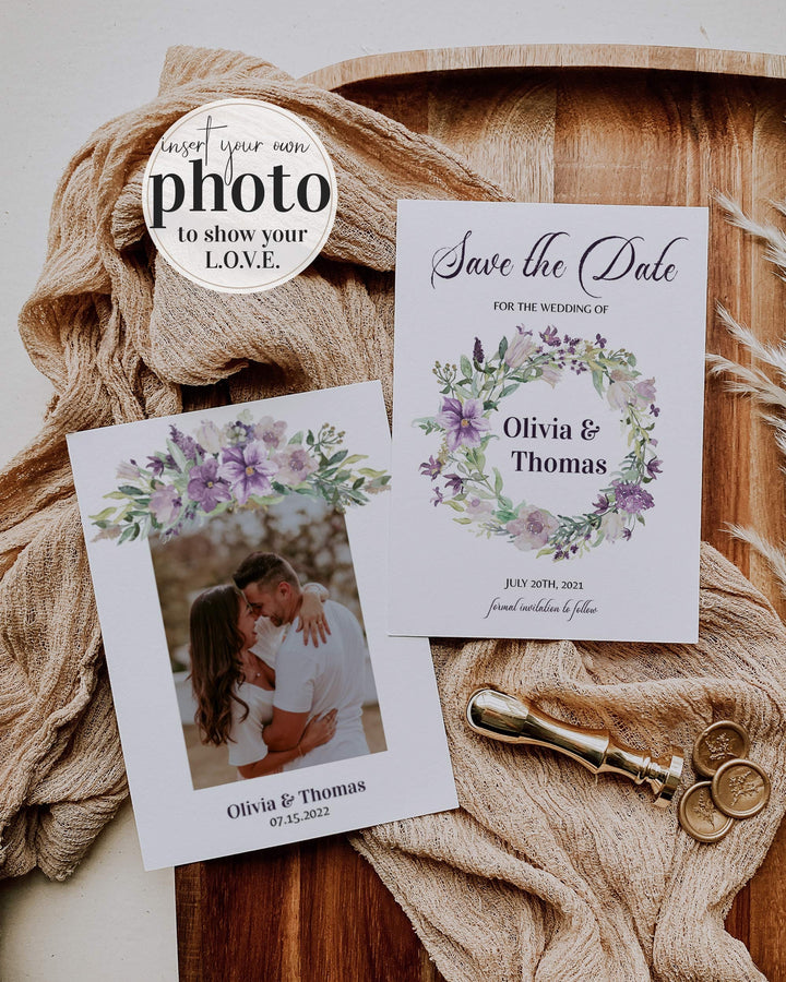 Purple Save the Date Invitation Template for Floral Vintage Wedding 071a - marryful