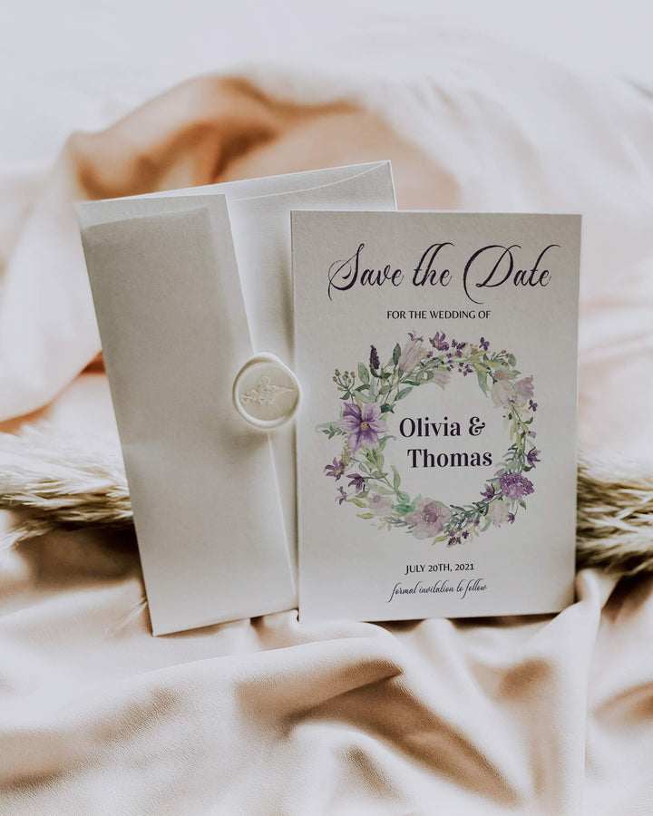 Purple Save the Date Invitation Template for Floral Vintage Wedding 071a - marryful