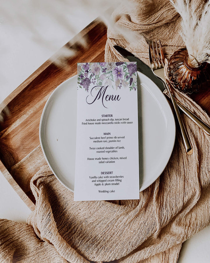 Menu Card Printable Template for Purple Wedding Celebration Lilac Bridal Shower or Girl Baby Shower 071a - marryful