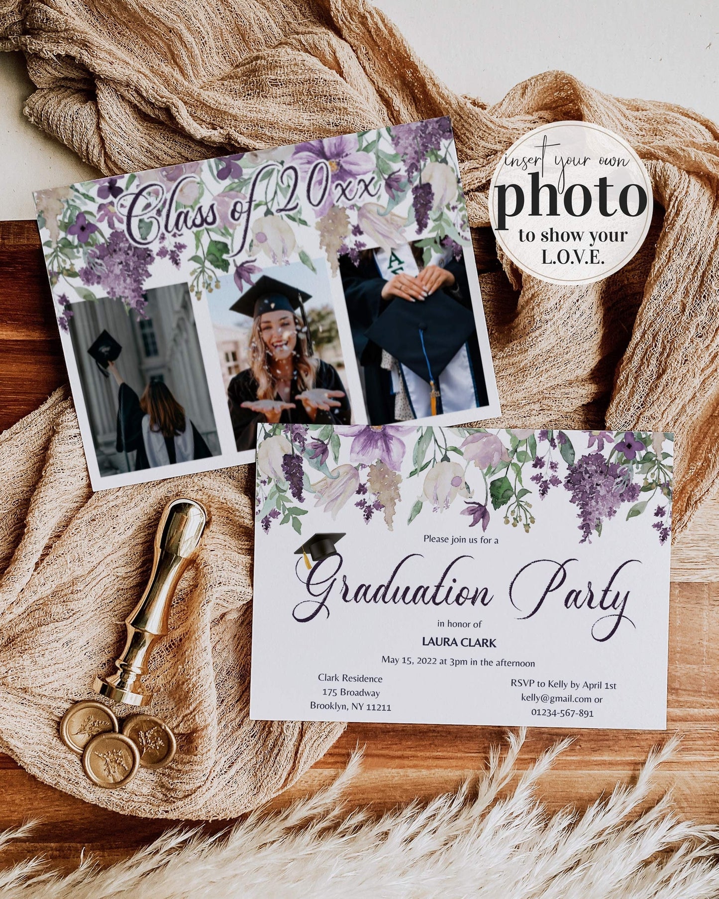 Lavender Graduation Party Invitation for Class of 2022 Floral Purple and Plum Invite Template #071a