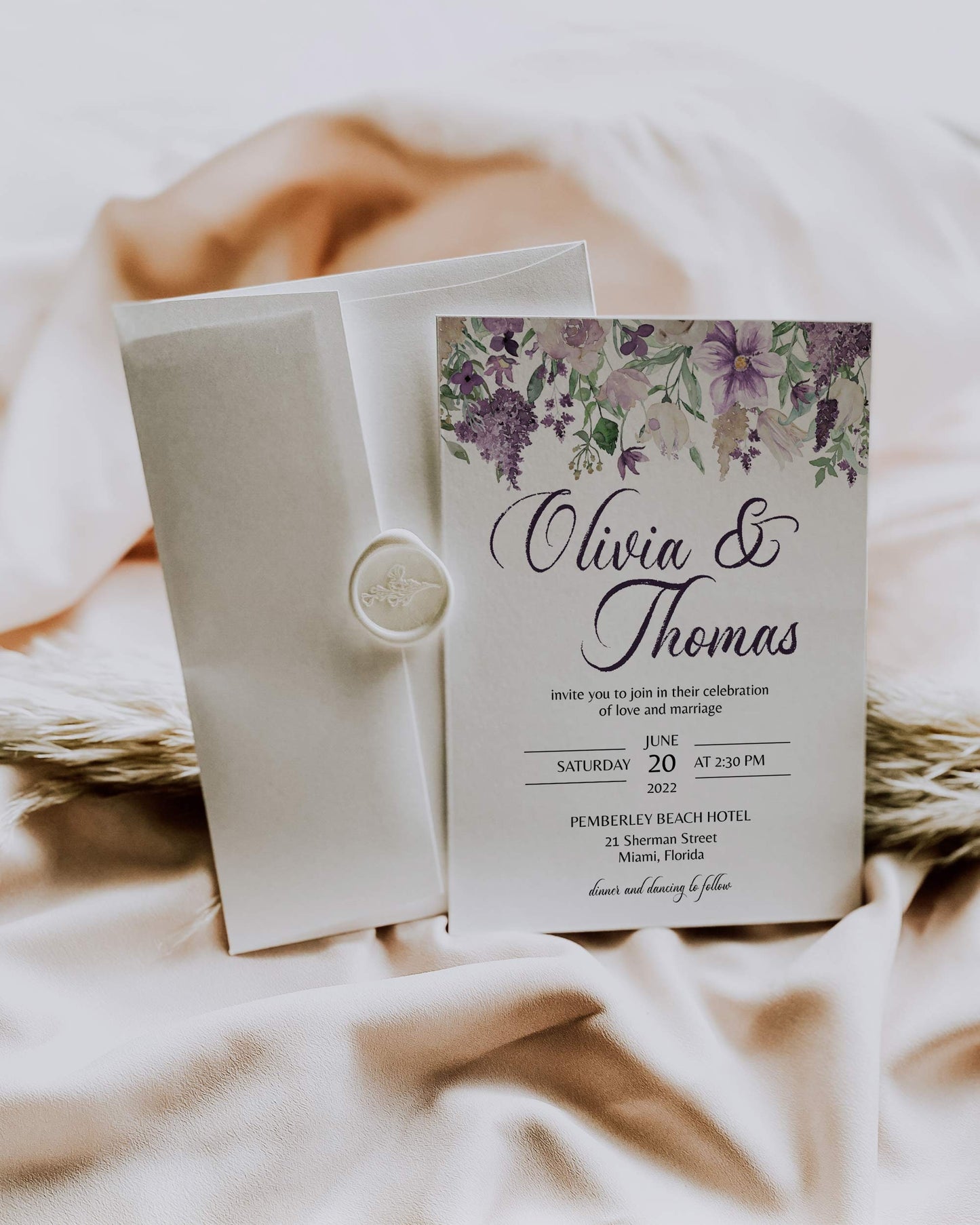 Lavender Wedding Invitation Suite with Florals and Greenery #071a