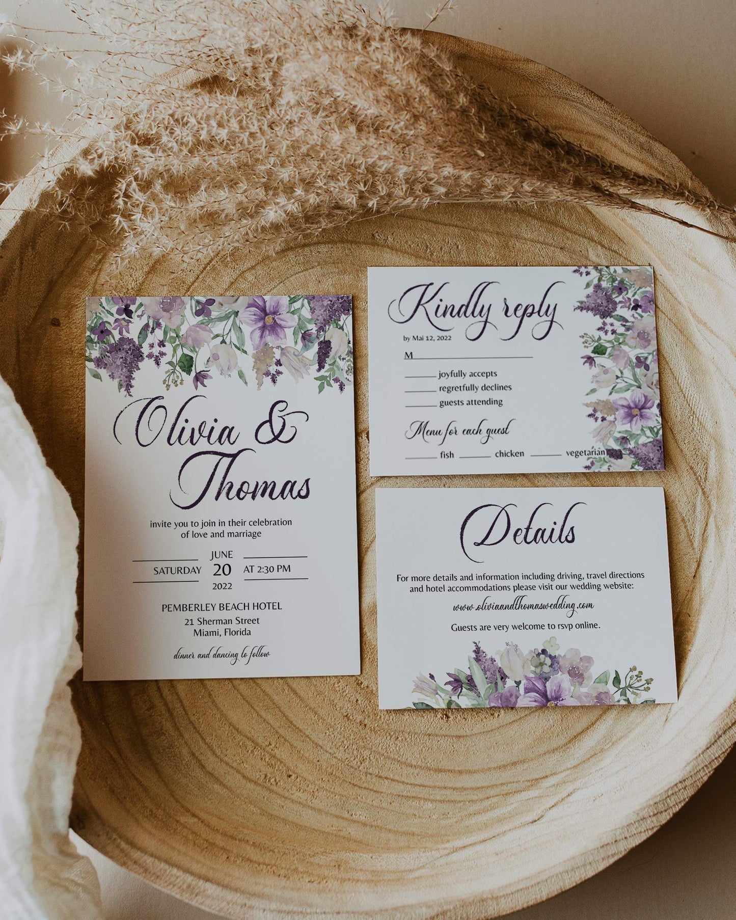 Lavender Wedding Invitation Suite with Florals and Greenery #071a
