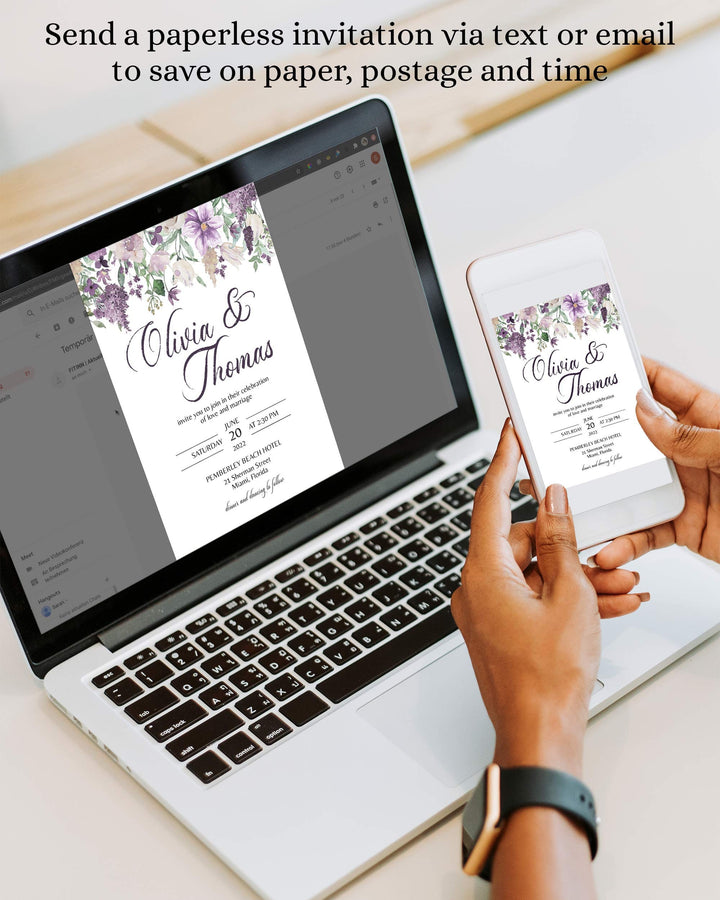 Purple Save the Date Invitation Template for Floral Vintage Wedding 071a - marryful