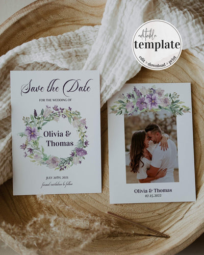 Purple Save the Date Invitation Template for Floral Vintage Wedding 071a - marryful