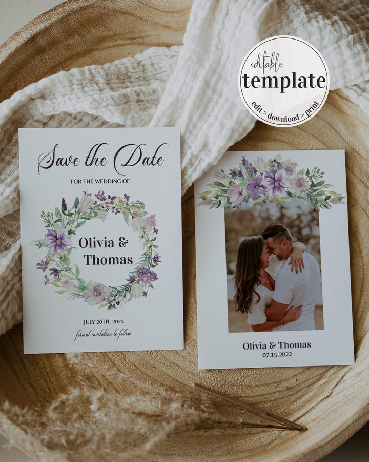 Purple Save the Date Invitation Template for Floral Vintage Wedding 071a - marryful