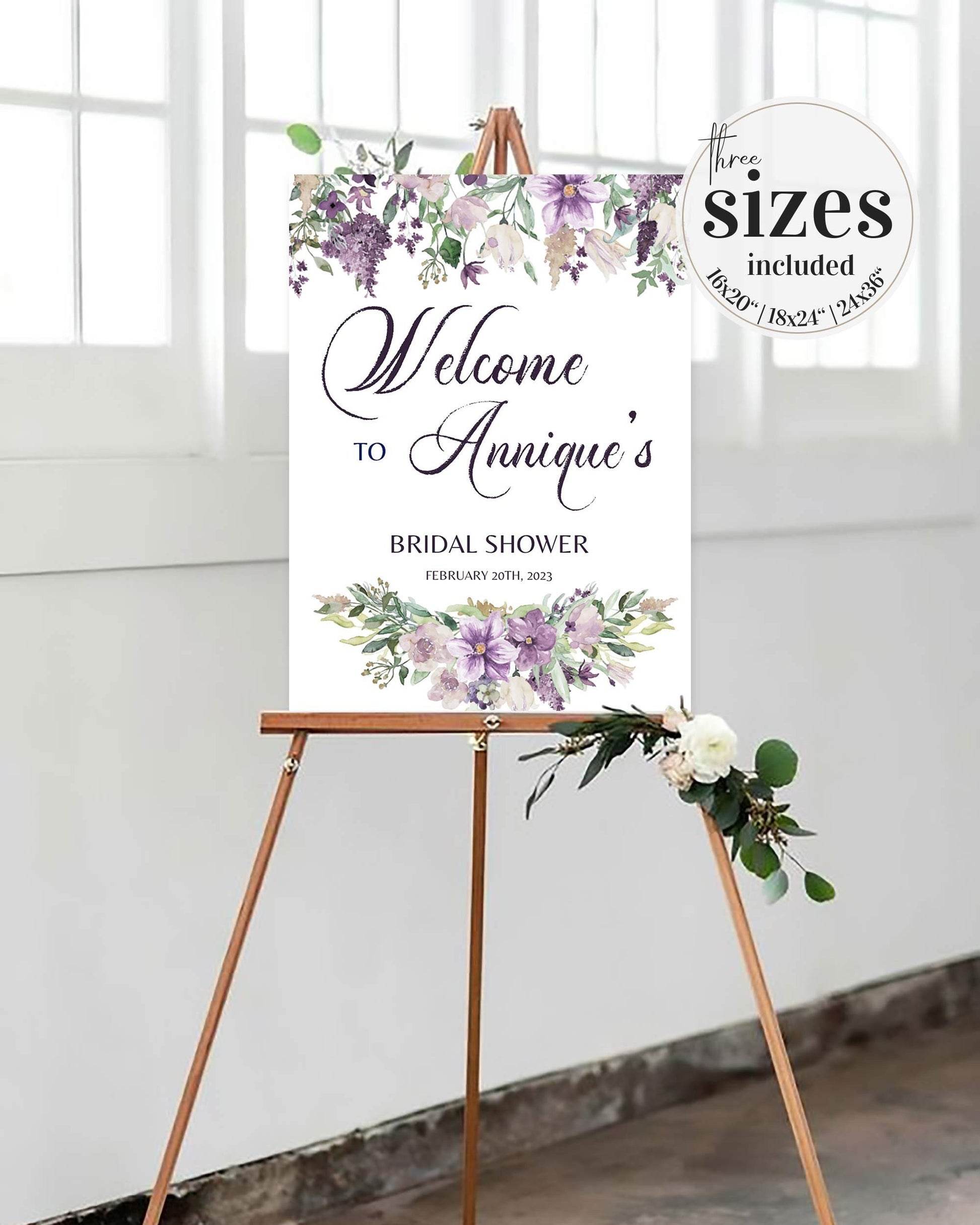 Floral Purple Welcome Sign for Bridal or Baby Shower also perfect for a Lilac Wedding or Birthday Party #071a