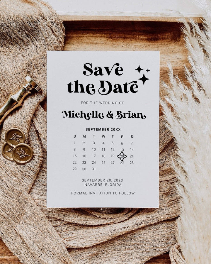 Save the Date card for Michelle & Brian with a calendar on a textured surface.
