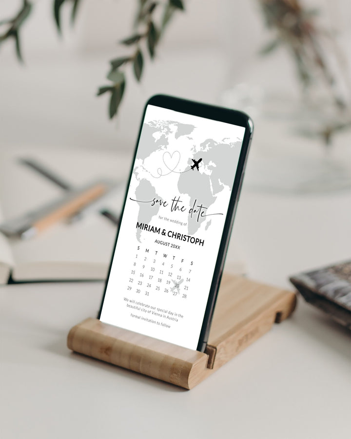 Destination Wedding Save the Date Calendar with Watercolor World Map Phone Invitation Template Digital Download 072w - marryful