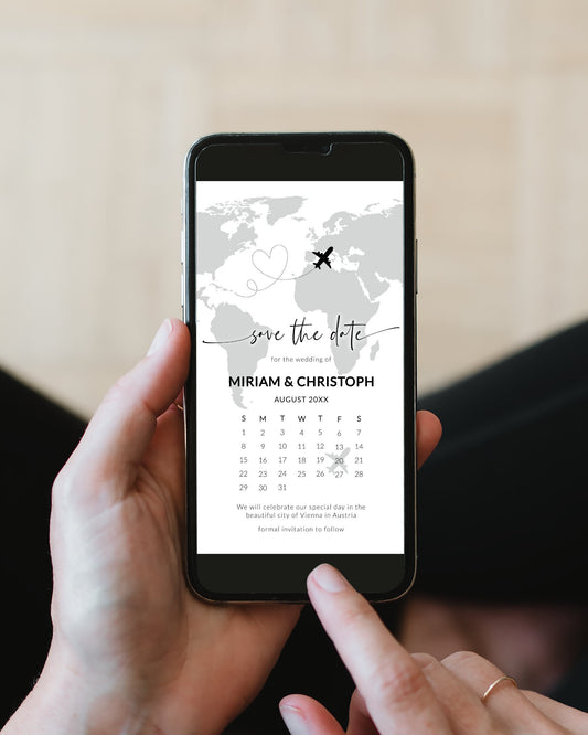 Destination Wedding Save the Date Calendar with Watercolor World Map Phone Invitation Template Digital Download #072w