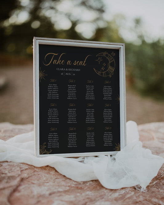 Celestial Wedding Seating Chart Template with Moon and Stars for Moody Black Tarot Wedding #062