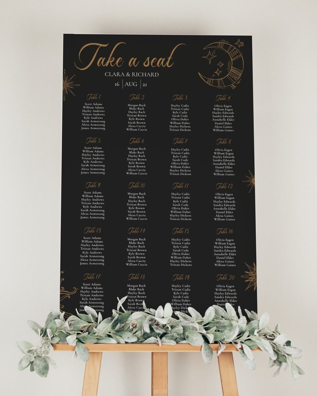 Celestial Wedding Seating Chart Template with Moon and Stars for Moody Black Tarot Wedding #062