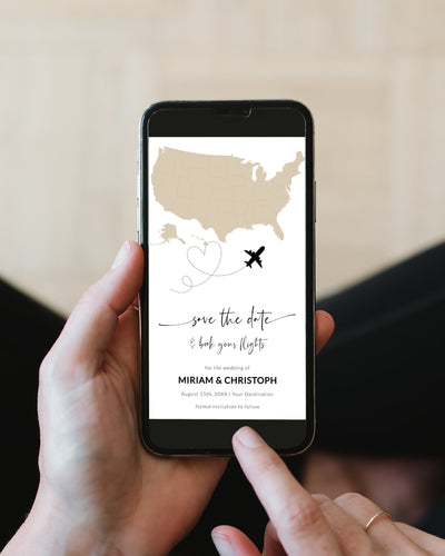 Save the date Destination wedding mobile invitation template to send via text on phone USA Map 072w - marryful