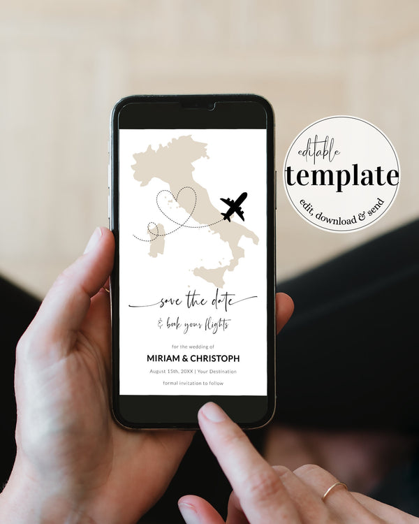 ITALY Destination Wedding Save the Date Editable Digital Invitation Template Boarding Pass 072w - marryful