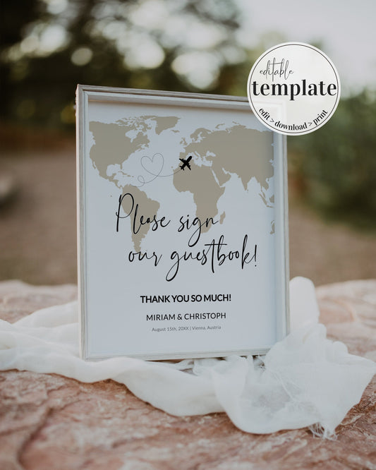 Please Sign Our Guestbook Printable Template for Destination Wedding Signage Decorations with World Map #072w