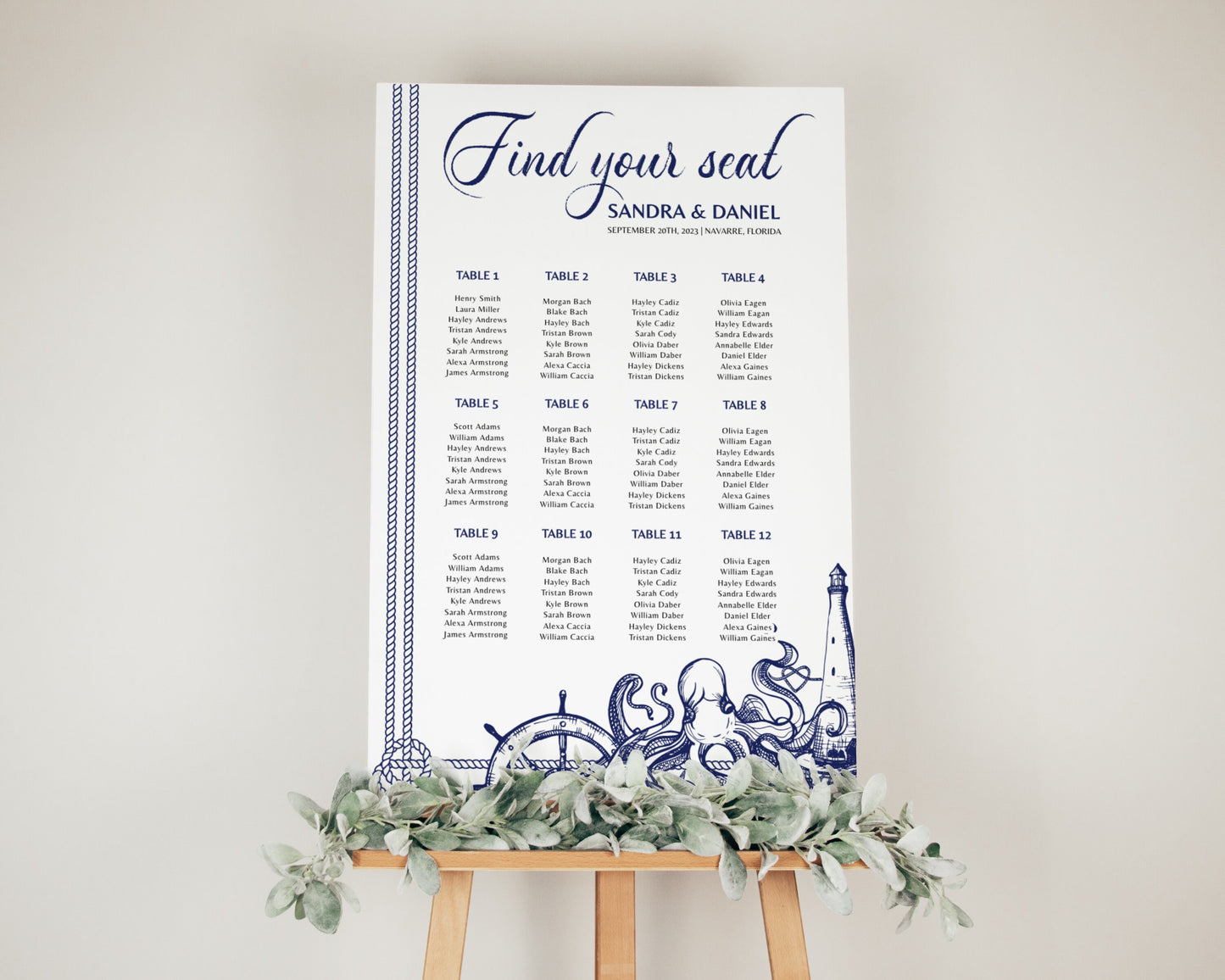 Seating Chart Sign Printable Template for Beach Wedding Destination Bridal Shower or Nautical Baby Shower Decorations | Printable Template