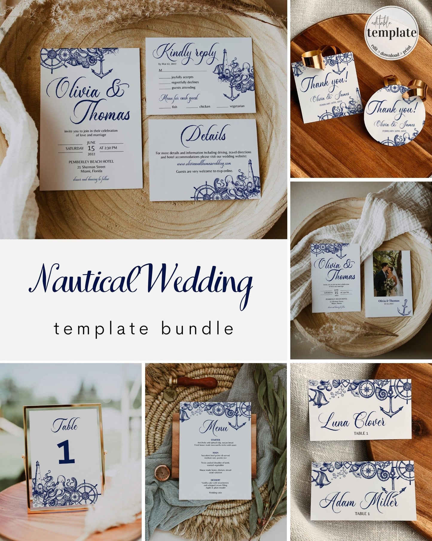Wedding Stationery Bundle Printable Templates Template for Nautical Beach Wedding Decorations or Destination Celebration