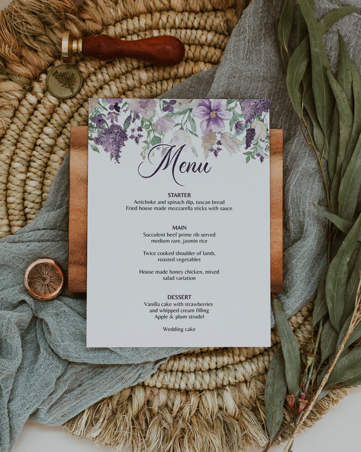 Menu Card Printable Template for Purple Wedding Celebration Lilac Bridal Shower or Girl Baby Shower 071a - marryful