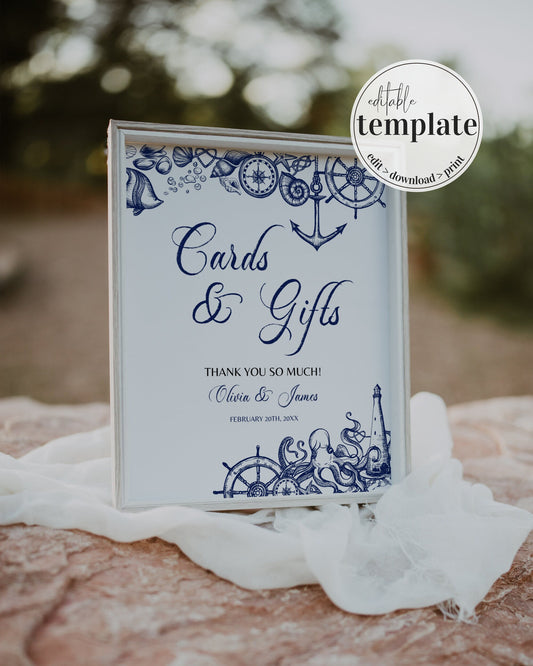 Cards and Gifts Printable Sign Template for Nautical Bridal Shower Beach Baby Shower or Destination Wedding Decorations