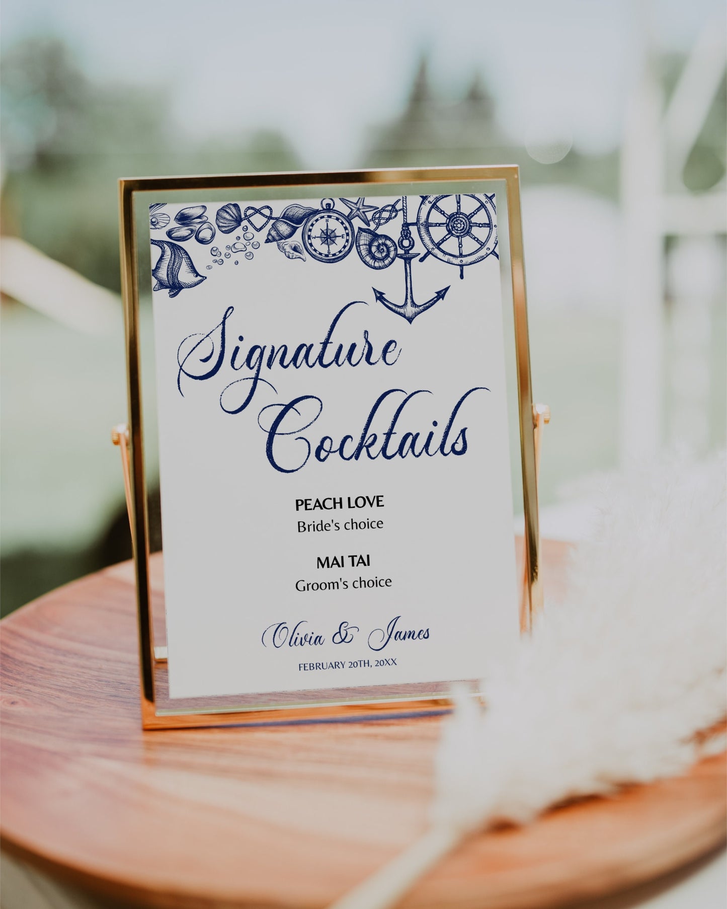 Wedding Signature Cocktail Sign Printable Template for Destination Wedding at the Beach with Nautical Elements