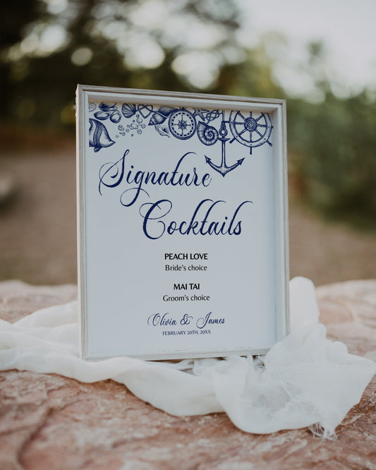 Wedding Signature Cocktail Sign Printable Template for Destination Wedding at the Beach with Nautical Elements